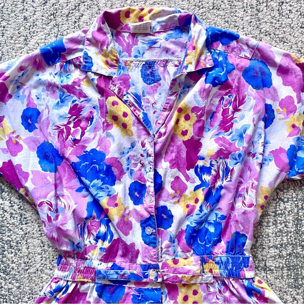 Vintage 80s Chandni 100% Cotton Romper Floral Print Cottage Core Rockabilly - Picture 4 of 9